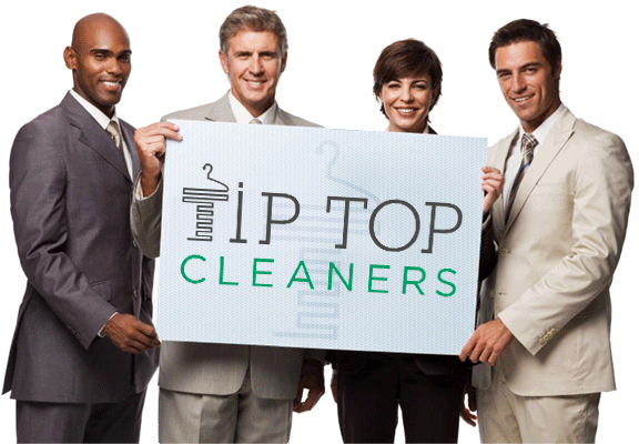 Professional people holding a sign with Tip Top Cleaners logo on it.